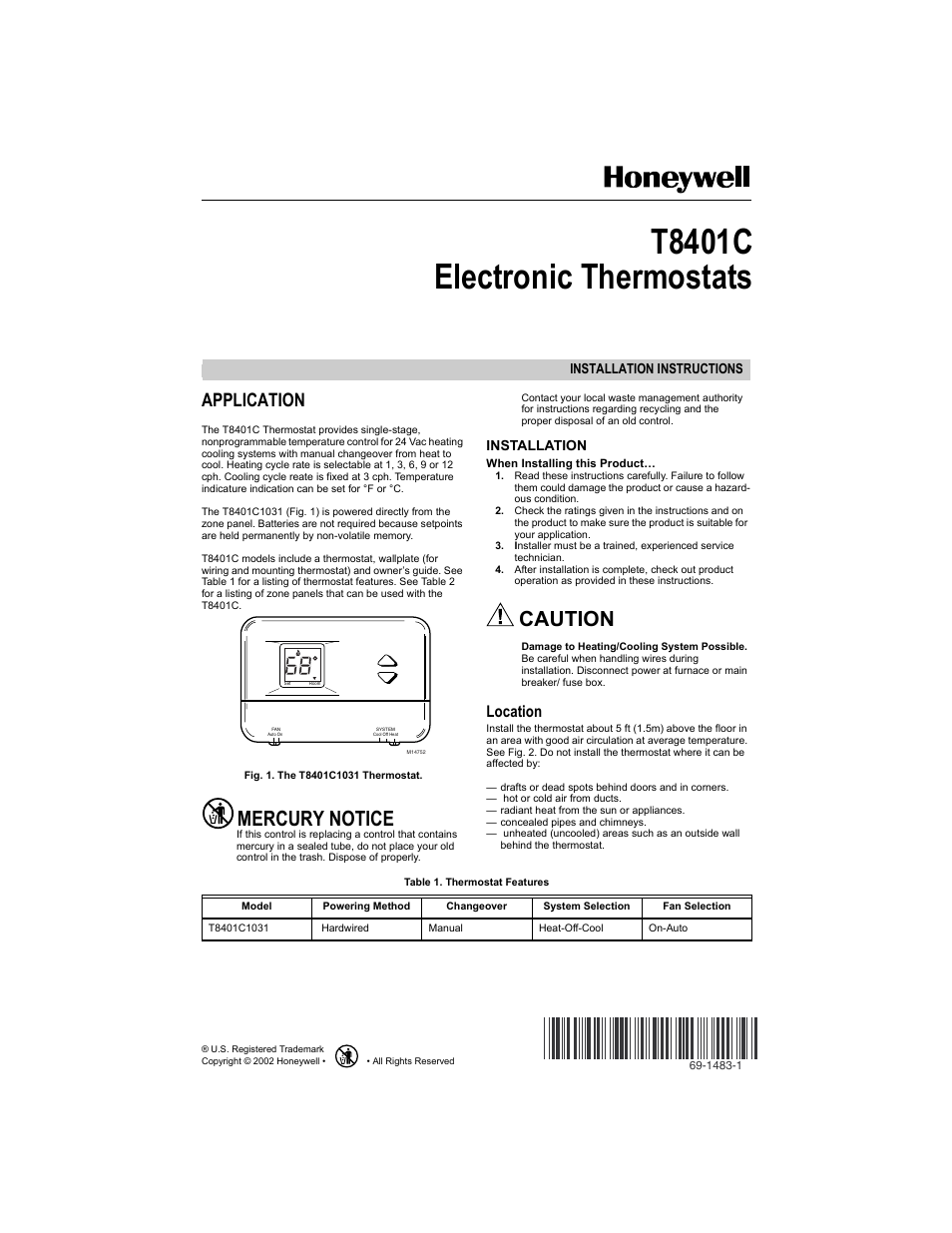 Honeywell ELECTRONIC THERMOSTATS T8401C User Manual | 8 pages