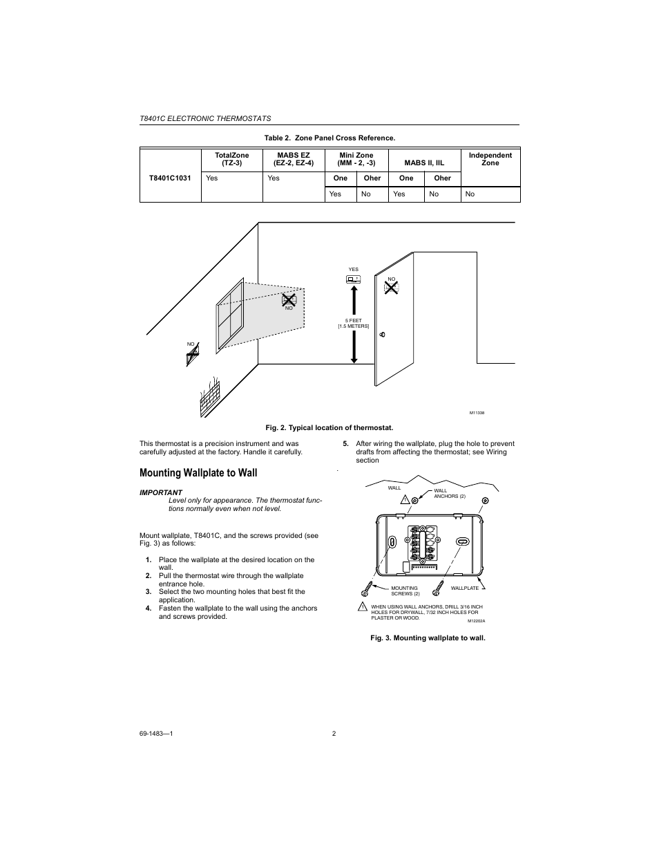 Mounting wallplate to wall | Honeywell ELECTRONIC THERMOSTATS T8401C User Manual | Page 2 / 8