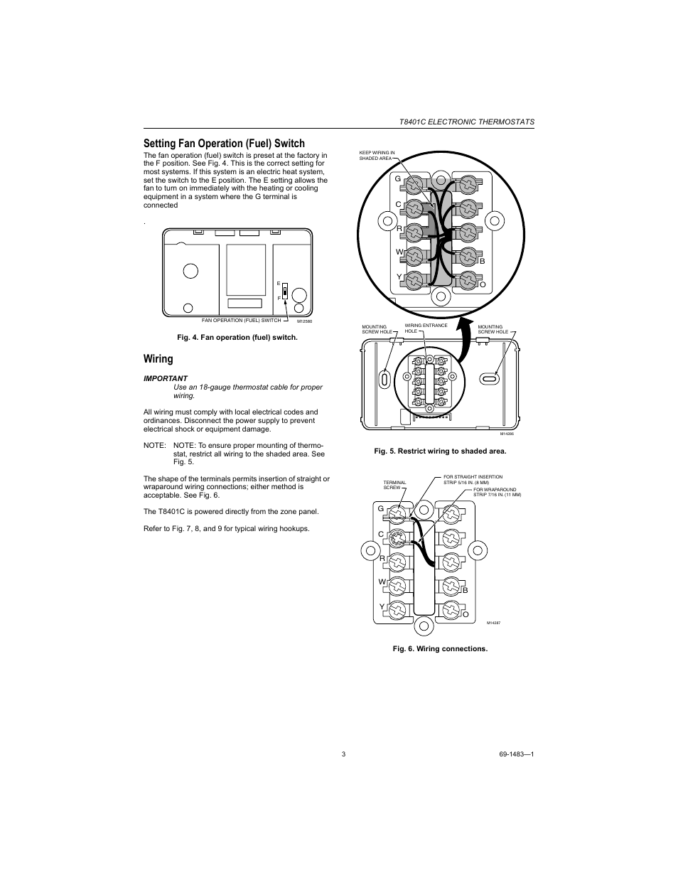 Setting fan operation (fuel) switch, Wiring | Honeywell ELECTRONIC THERMOSTATS T8401C User Manual | Page 3 / 8