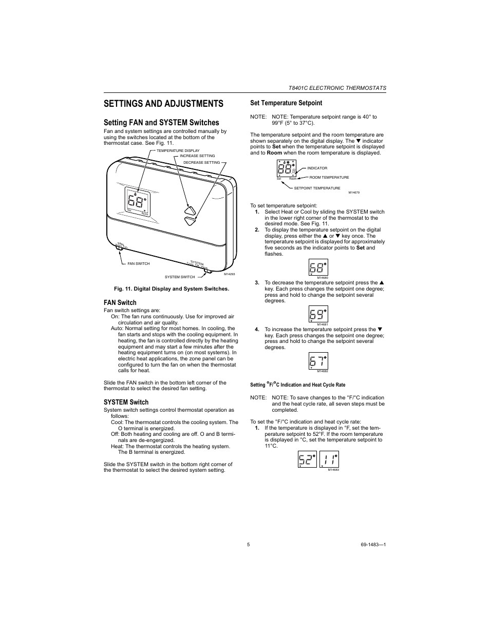 Settings and adjustments, Setting fan and system switches, Fan switch | System switch, Set temperature setpoint | Honeywell ELECTRONIC THERMOSTATS T8401C User Manual | Page 5 / 8