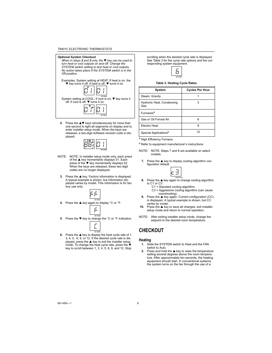 Checkout, Heating | Honeywell ELECTRONIC THERMOSTATS T8401C User Manual | Page 6 / 8