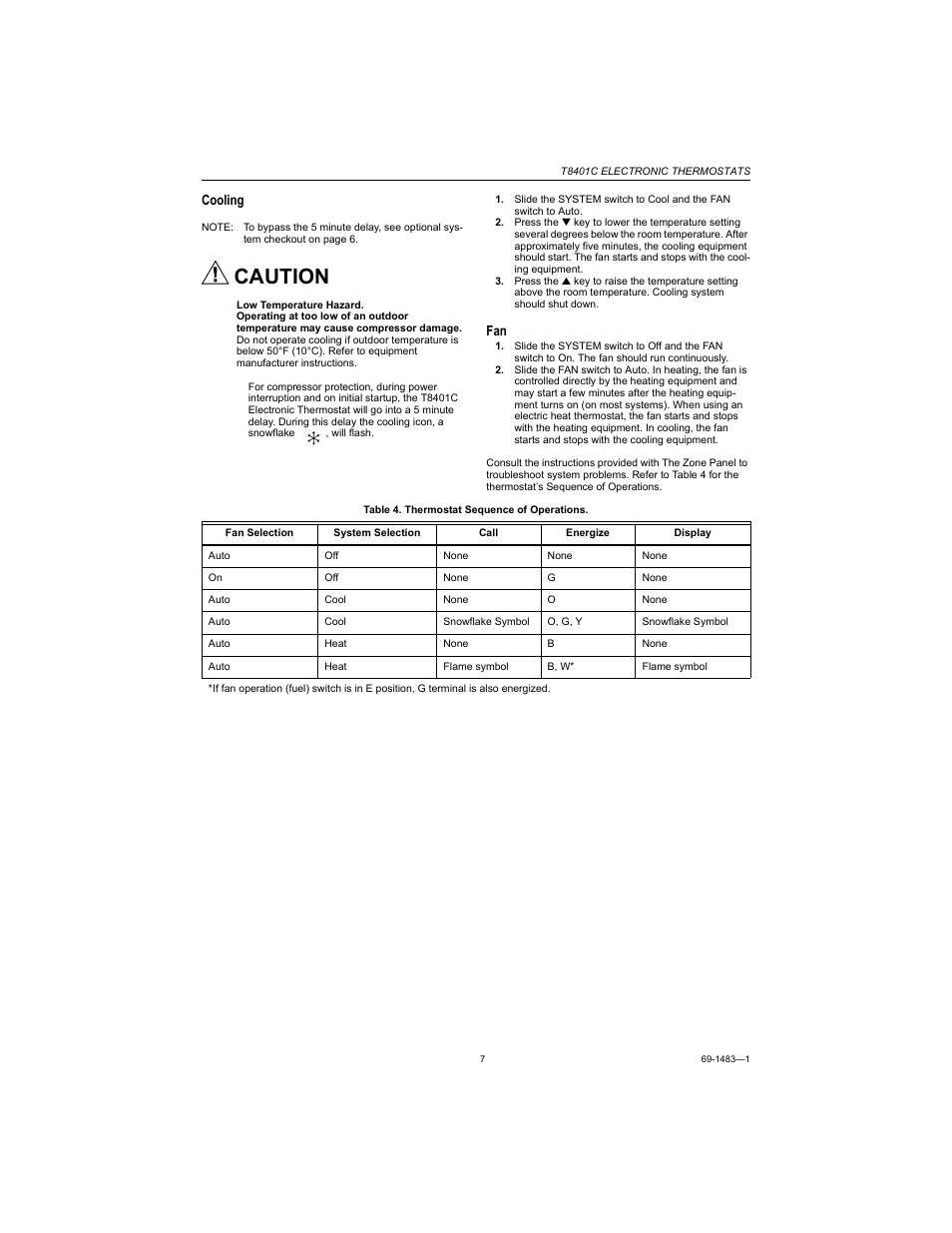 Caution, Cooling | Honeywell ELECTRONIC THERMOSTATS T8401C User Manual | Page 7 / 8