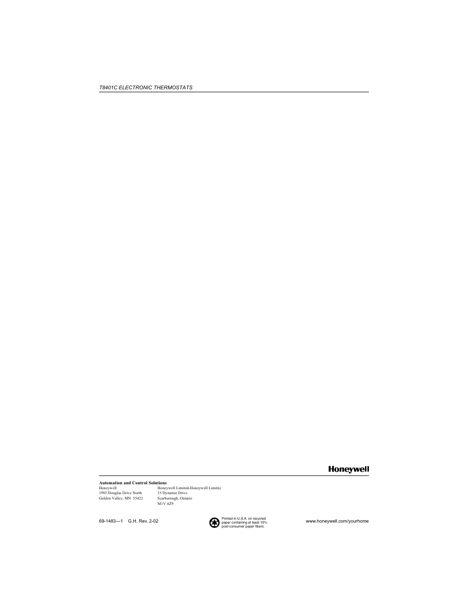 Honeywell ELECTRONIC THERMOSTATS T8401C User Manual | Page 8 / 8