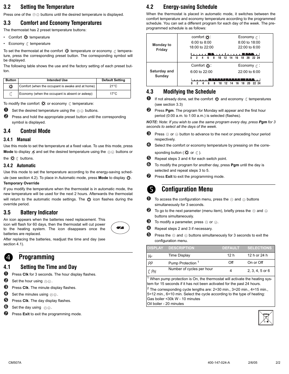 Programming, Configuration menu, 2 setting the temperature | 3 comfort and economy temperatures, 4 control mode, 5 battery indicator, 1 setting the time and day n, 2 energy-saving schedule, 3 modifying the schedule n | Honeywell CM 507 A User Manual | Page 2 / 2