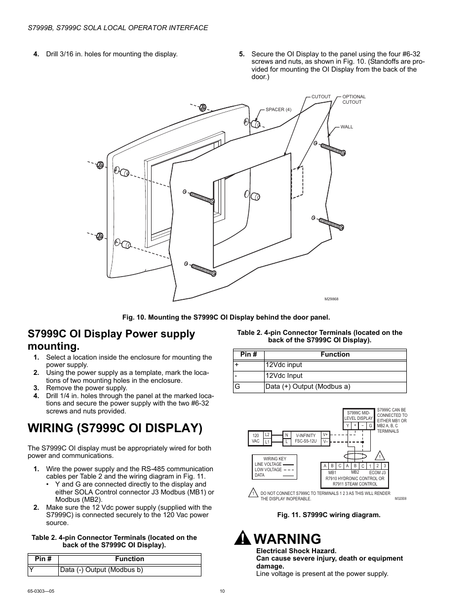 S7999c oi display power supply mounting, Wiring (s7999c oi display), Warning | Honeywell Local Operator Interface S7999B User Manual | Page 10 / 68