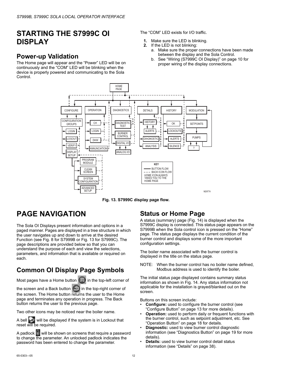 Starting the s7999c oi display, Power-up validation, Page navigation | Common oi display page symbols, Status or home page | Honeywell Local Operator Interface S7999B User Manual | Page 12 / 68