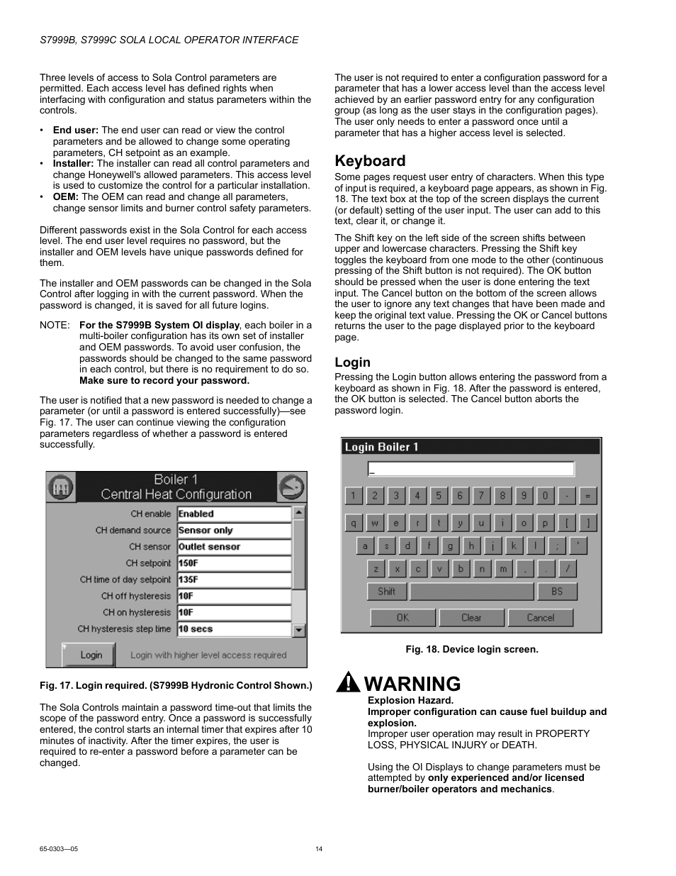 Keyboard, Warning, Login | Honeywell Local Operator Interface S7999B User Manual | Page 14 / 68