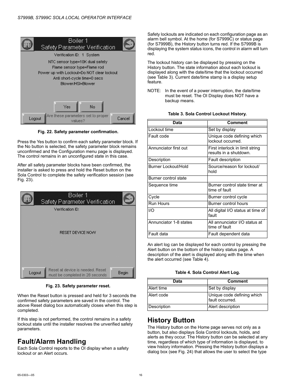 Fault/alarm handling, History button | Honeywell Local Operator Interface S7999B User Manual | Page 16 / 68
