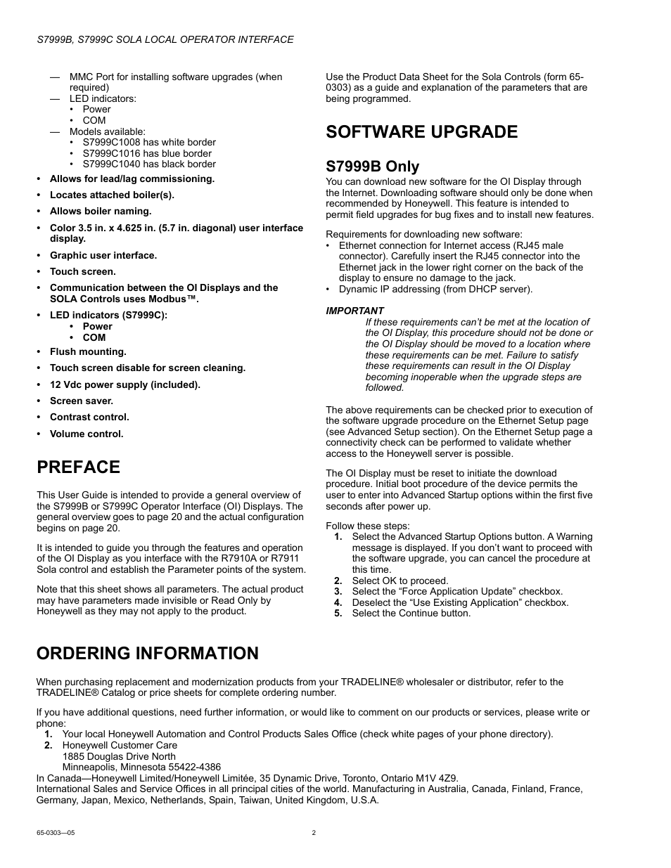 Preface, Software upgrade, S7999b only | Ordering information | Honeywell Local Operator Interface S7999B User Manual | Page 2 / 68