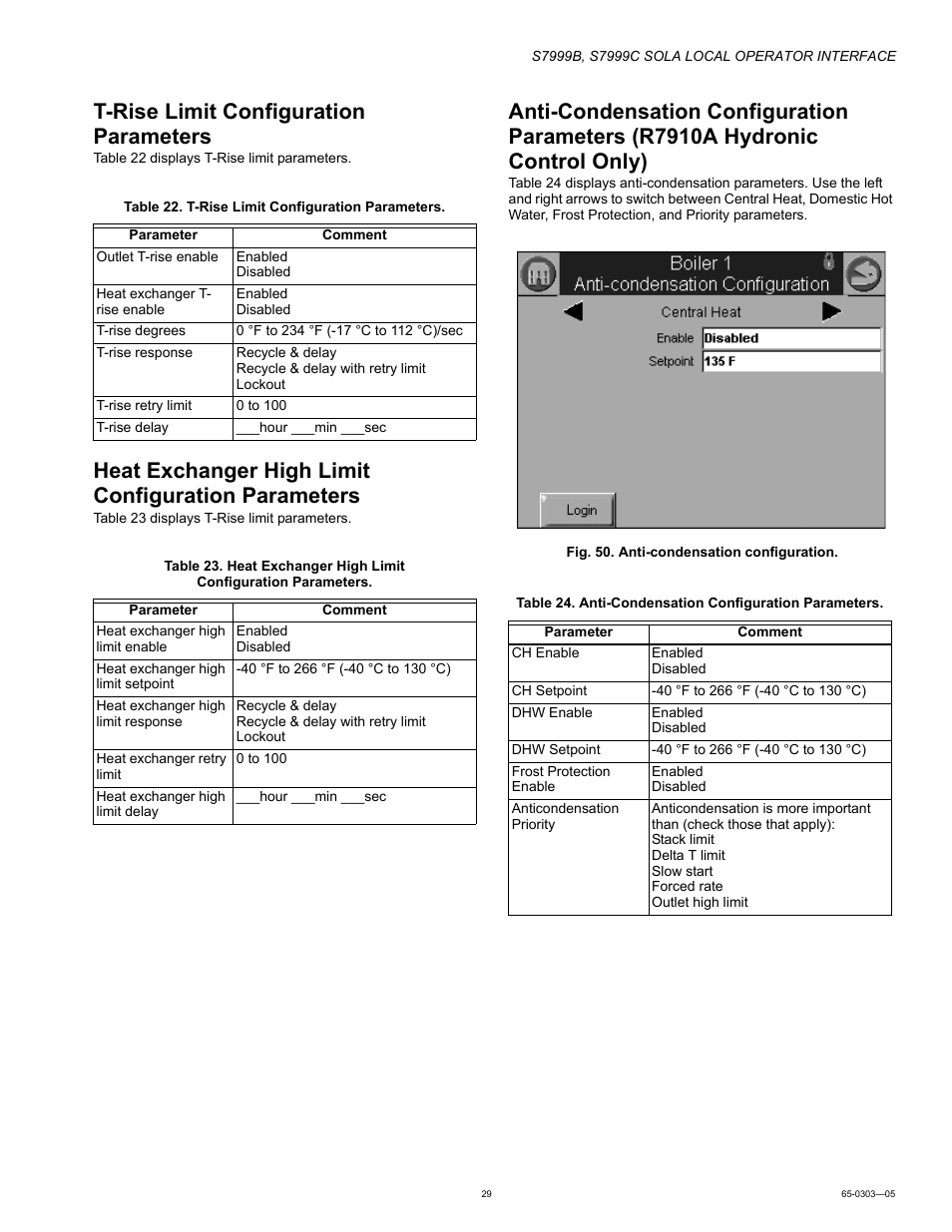 T-rise limit configuration parameters, Heat exchanger high limit configuration parameters | Honeywell Local Operator Interface S7999B User Manual | Page 29 / 68