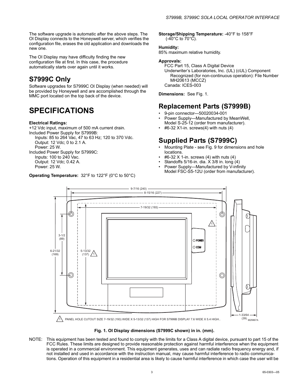 S7999c only, Specifications, Replacement parts (s7999b) | Supplied parts (s7999c) | Honeywell Local Operator Interface S7999B User Manual | Page 3 / 68
