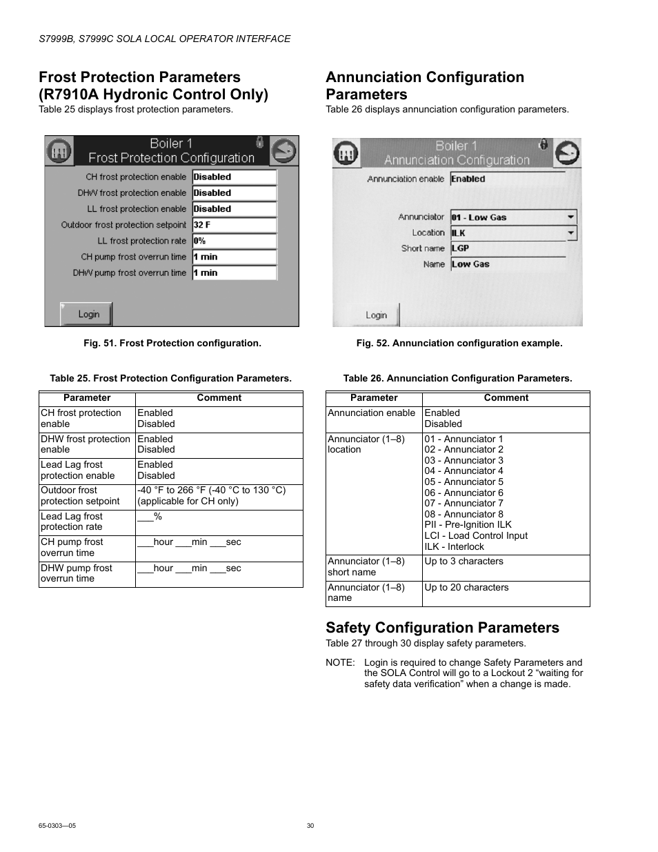 Annunciation configuration parameters, Safety configuration parameters | Honeywell Local Operator Interface S7999B User Manual | Page 30 / 68