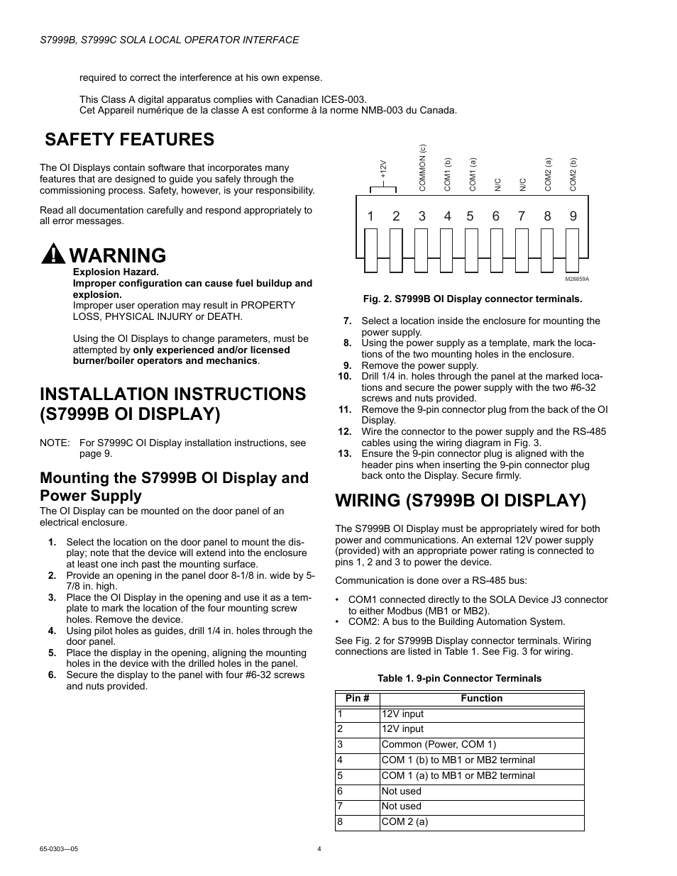 Safety features, Installation instructions (s7999b oi display), Mounting the s7999b oi display and power supply | Wiring (s7999b oi display), Warning | Honeywell Local Operator Interface S7999B User Manual | Page 4 / 68