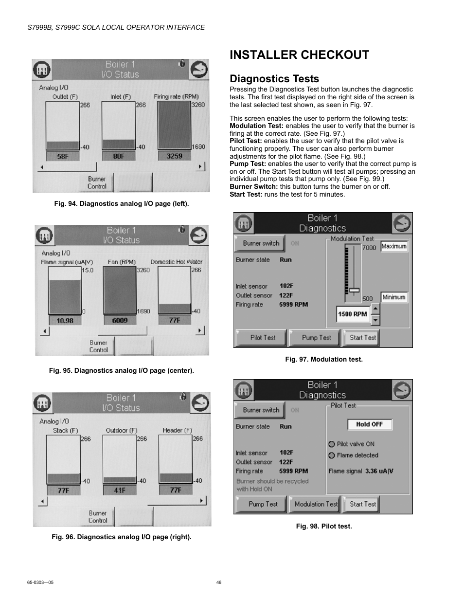 Installer checkout, Diagnostics tests | Honeywell Local Operator Interface S7999B User Manual | Page 46 / 68