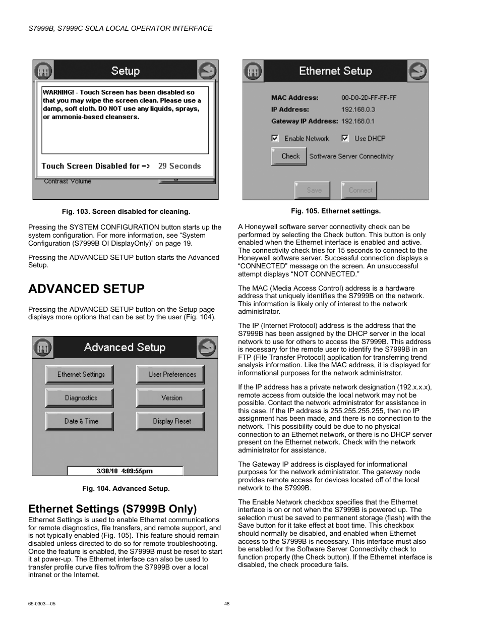 Advanced setup, Ethernet settings (s7999b only) | Honeywell Local Operator Interface S7999B User Manual | Page 48 / 68