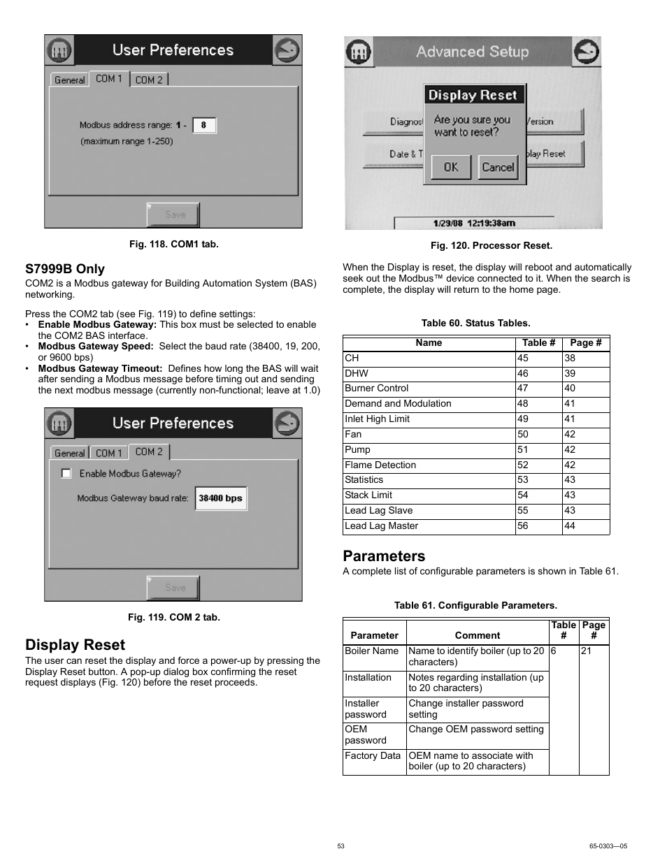Display reset, Parameters, S7999b only | Honeywell Local Operator Interface S7999B User Manual | Page 53 / 68