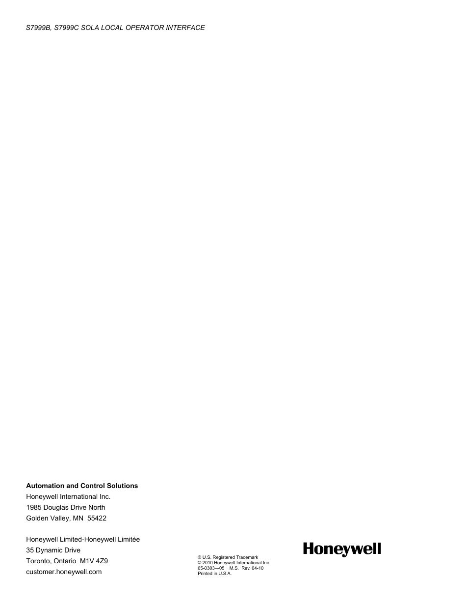 Honeywell Local Operator Interface S7999B User Manual | Page 68 / 68