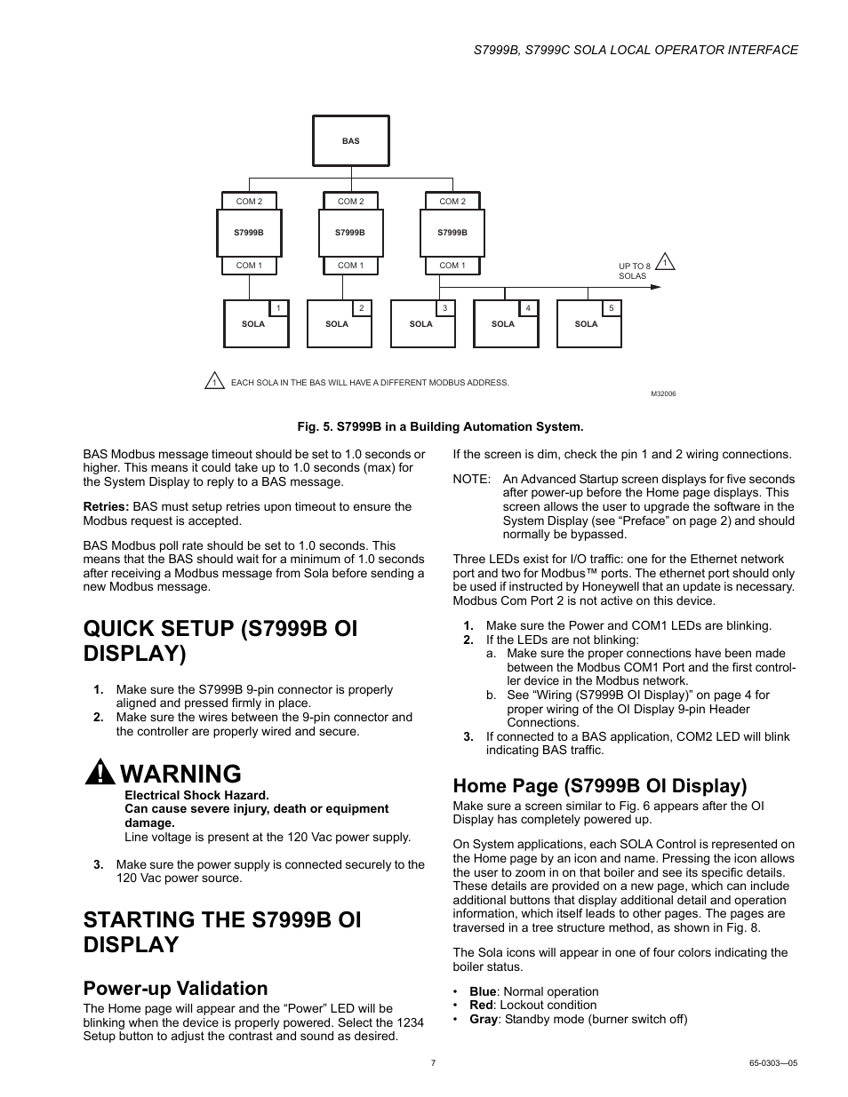 Quick setup (s7999b oi display), Starting the s7999b oi display, Power-up validation | Warning, Home page (s7999b oi display) | Honeywell Local Operator Interface S7999B User Manual | Page 7 / 68