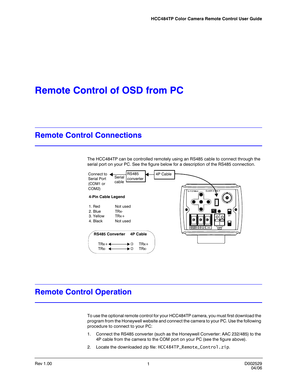 Remote control of osd from pc 1, Remote control connections, Remote control operation | Remote control of osd from pc | Honeywell Color Camera User Manual | Page 3 / 8