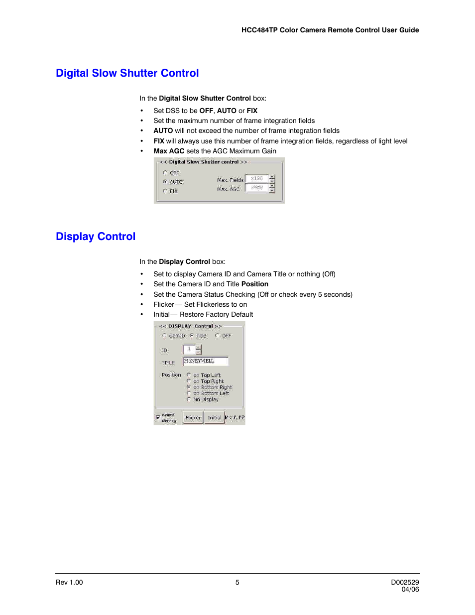 Digital slow shutter control, Display control | Honeywell Color Camera User Manual | Page 7 / 8