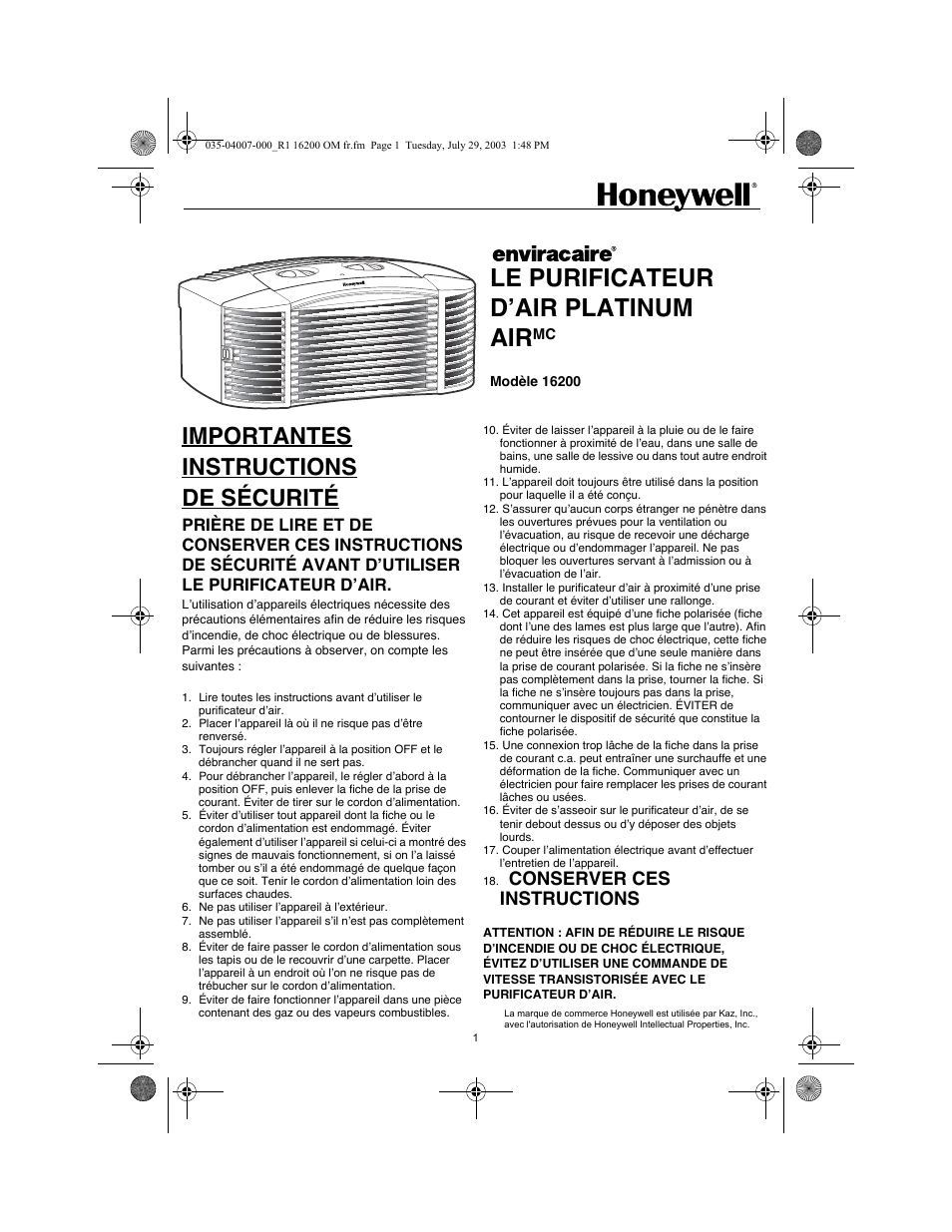 Le purificateur d’air platinum air, Importantes instructions de sécurité, Conserver ces instructions | Honeywell 16200 User Manual | Page 5 / 12