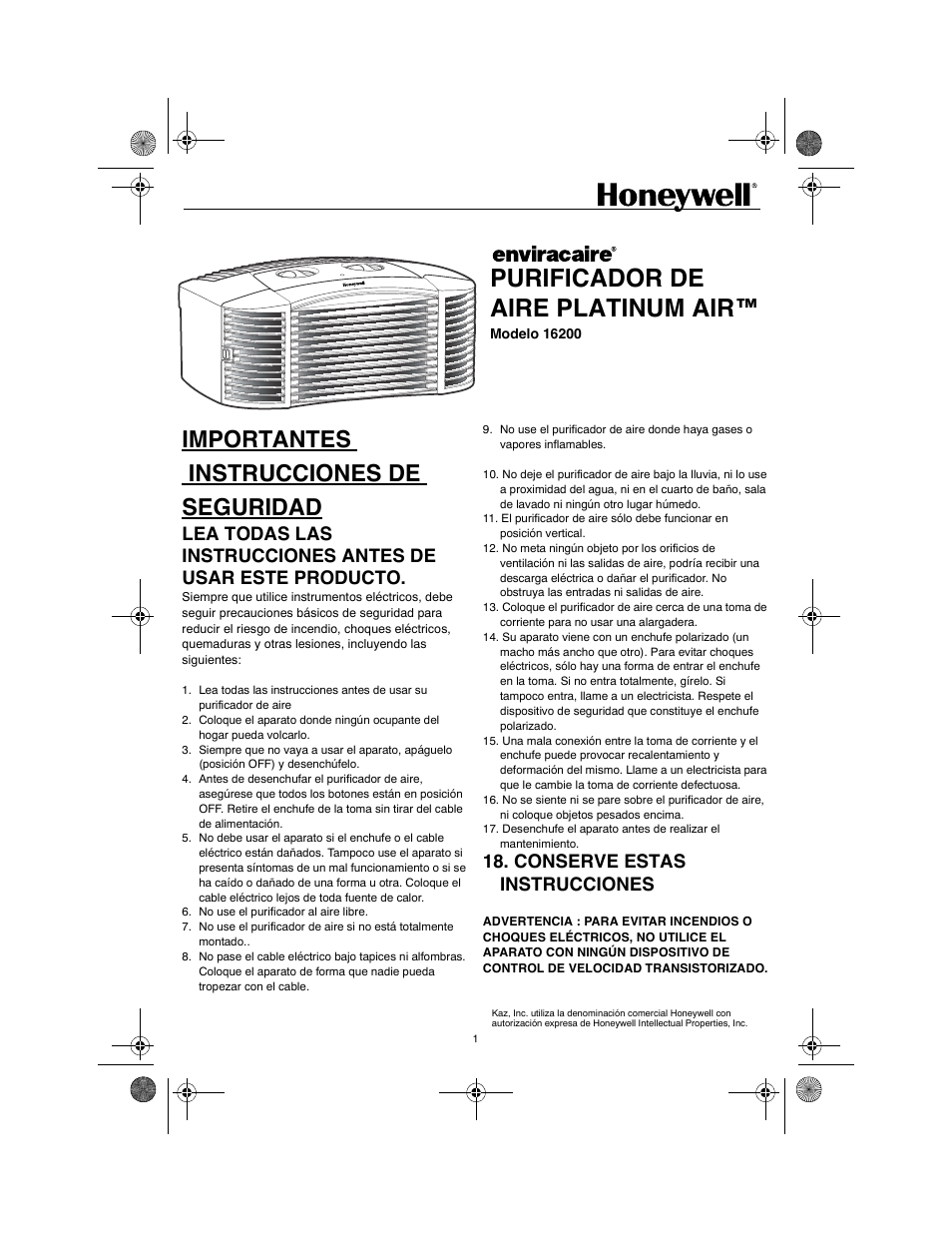 Purificador de aire platinum air, Importantes instrucciones de seguridad, Conserve estas instrucciones | Honeywell 16200 User Manual | Page 9 / 12