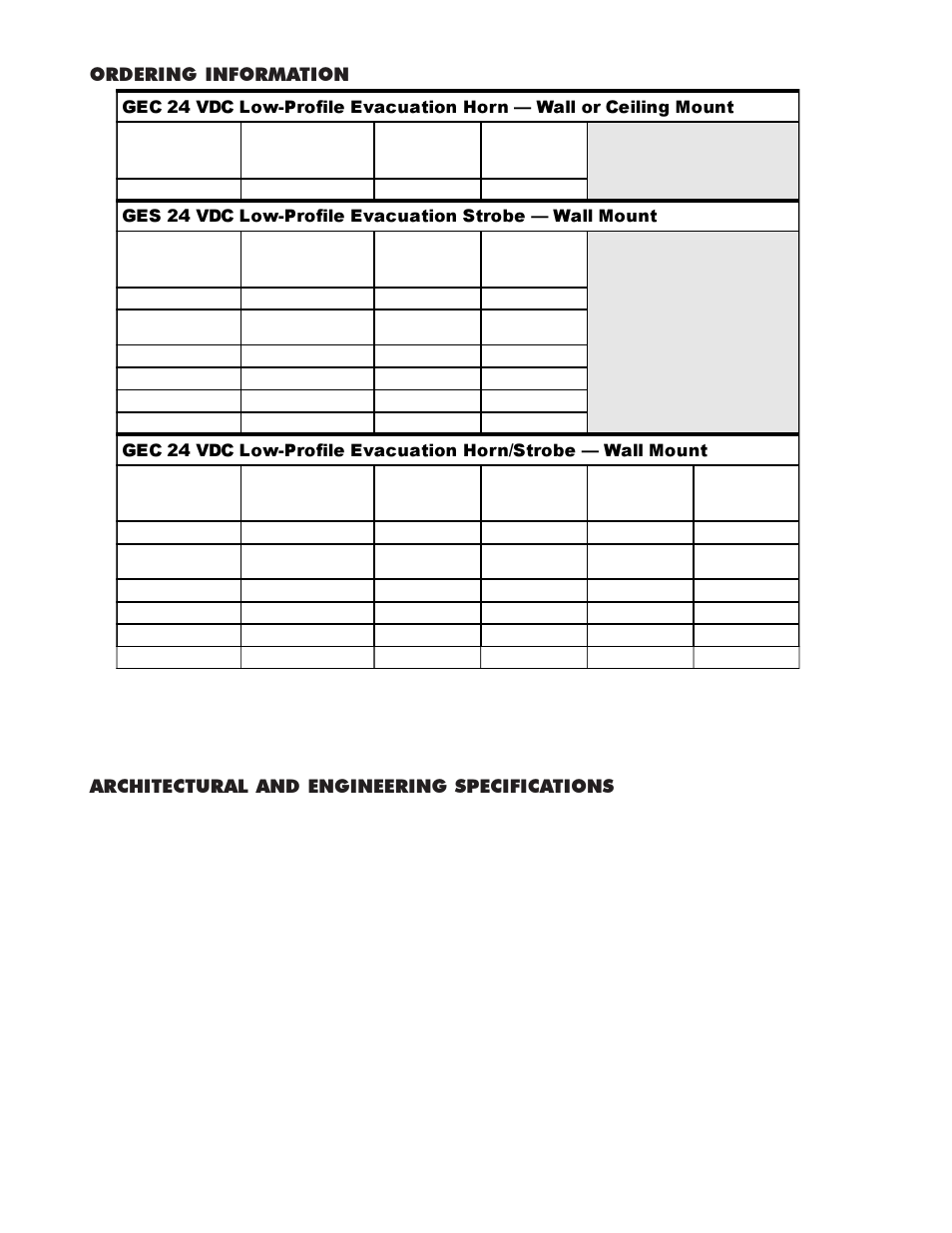 Ordering information, Architectural and engineering specifications | Honeywell GES User Manual | Page 2 / 3