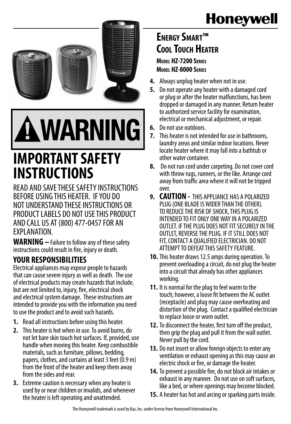 Honeywell ENERGY SMART HZ-7200 User Manual | 12 pages