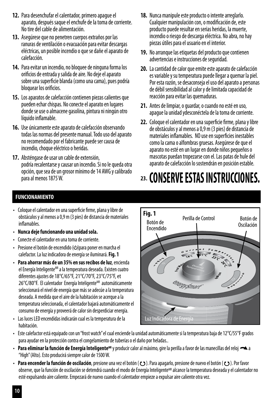 Conserve estas instrucciones | Honeywell ENERGY SMART HZ-7200 User Manual | Page 10 / 12