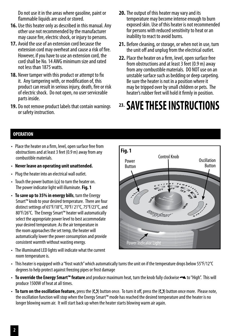 Save these instructions | Honeywell ENERGY SMART HZ-7200 User Manual | Page 2 / 12