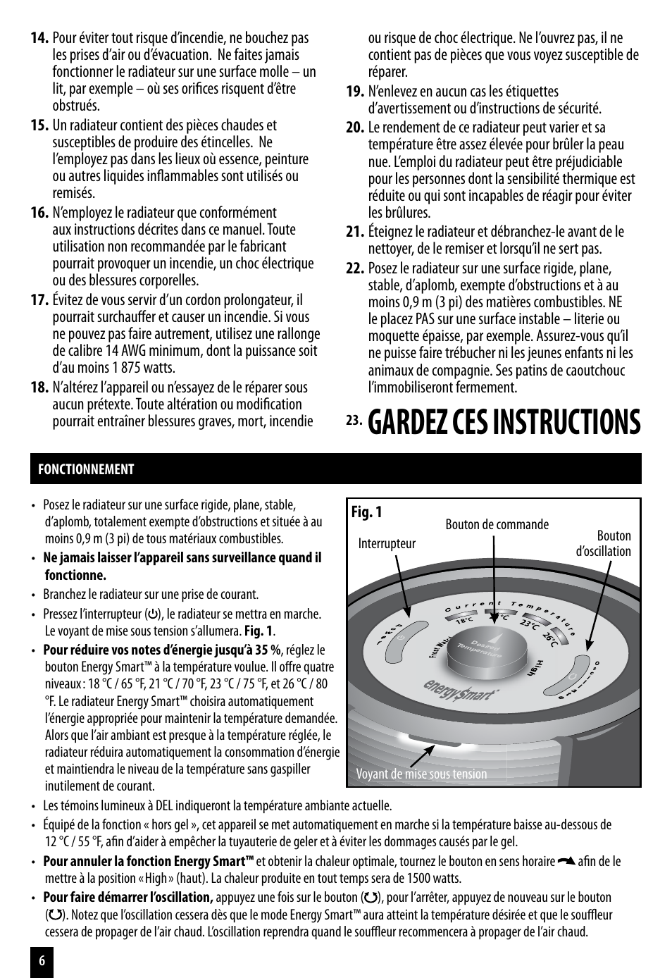 Gardez ces instructions | Honeywell ENERGY SMART HZ-7200 User Manual | Page 6 / 12