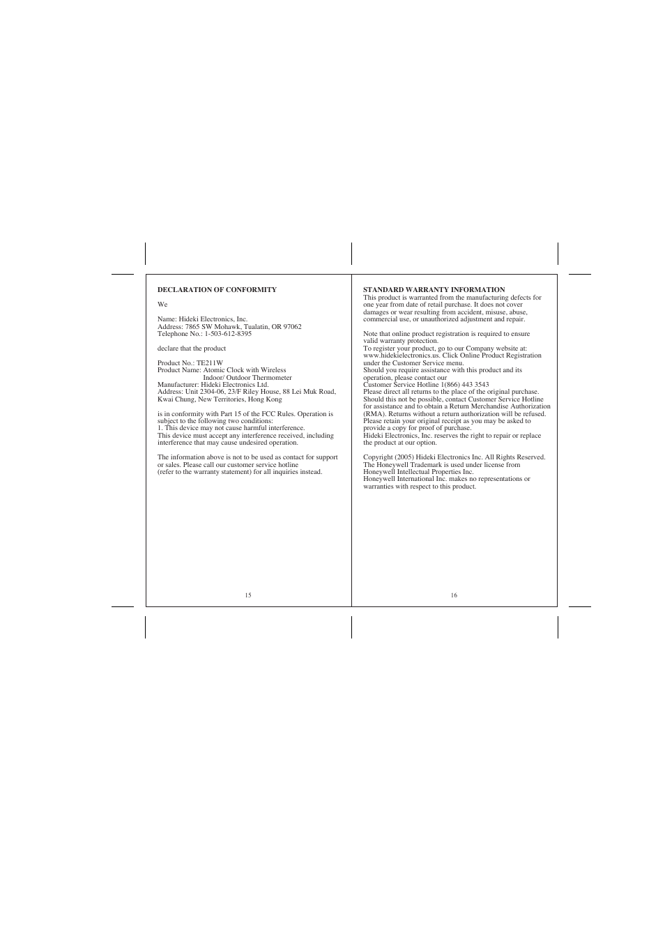 Honeywell TE211W User Manual | Page 9 / 9