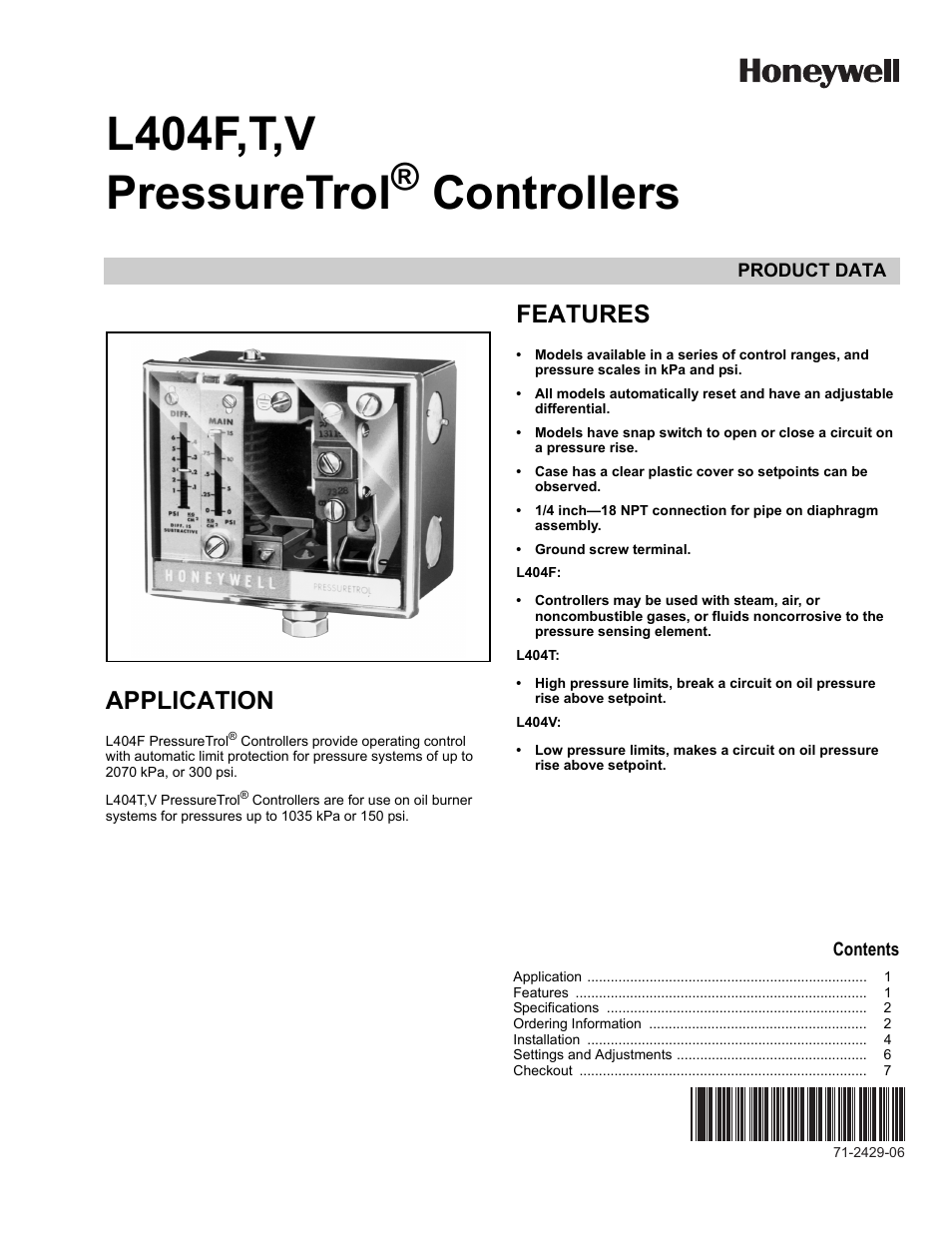 Honeywell PRESSURETROL L404T User Manual | 8 pages
