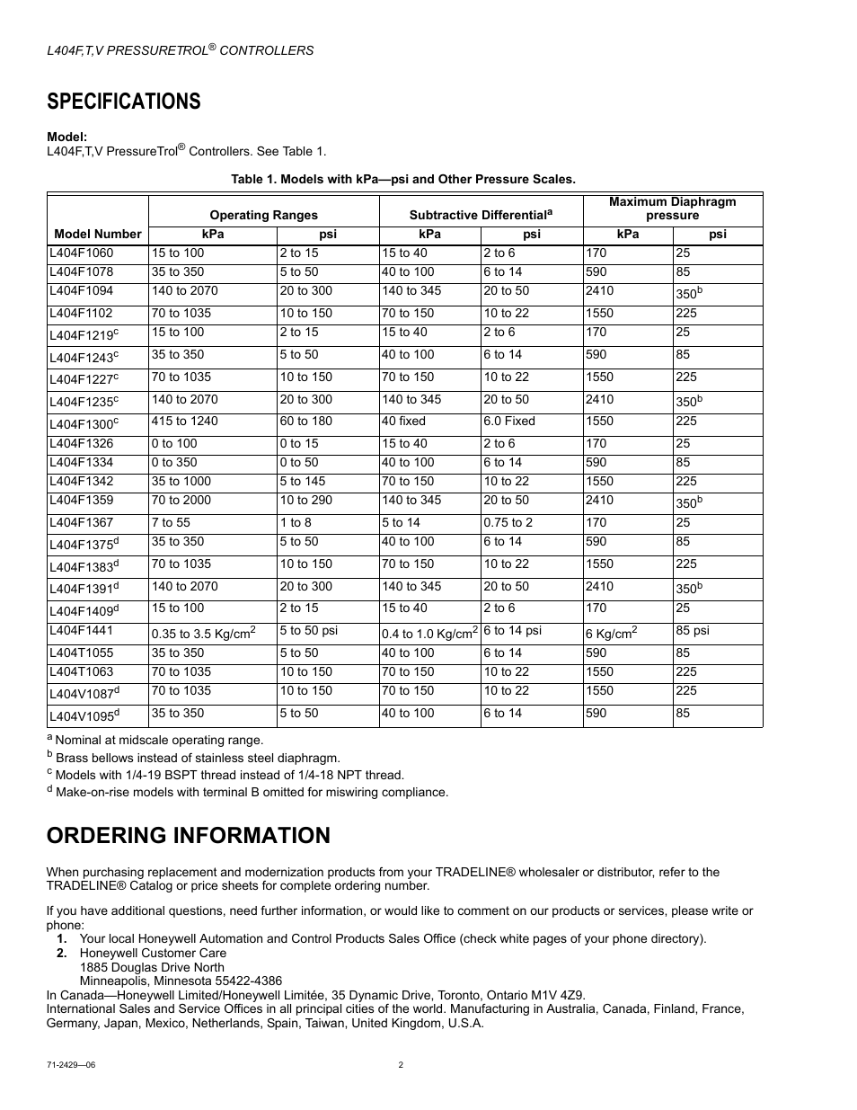 Specifications, Ordering information | Honeywell PRESSURETROL L404T User Manual | Page 2 / 8