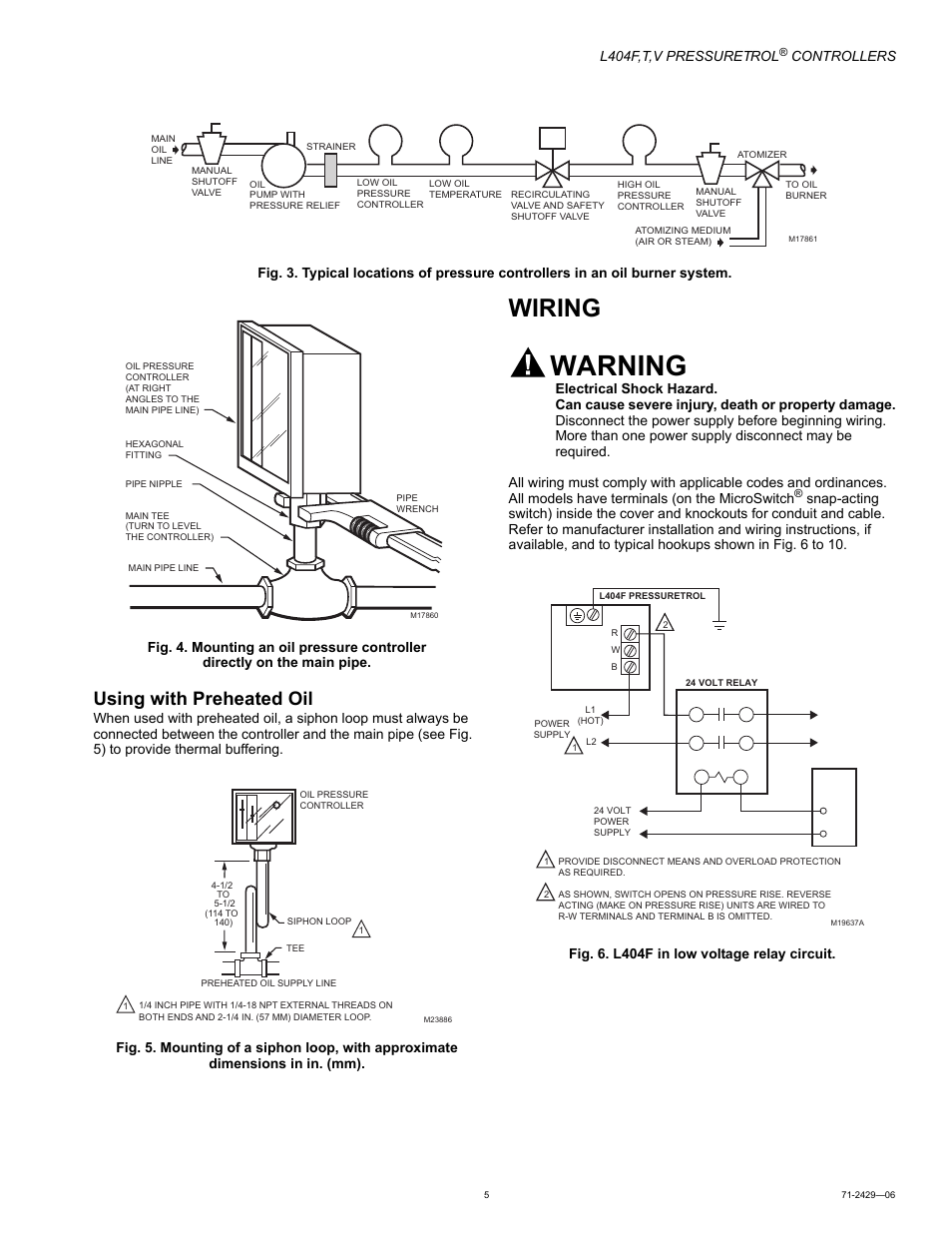 Wiring, Warning, Using with preheated oil | L404f,t,v pressuretrol, Controllers | Honeywell PRESSURETROL L404T User Manual | Page 5 / 8