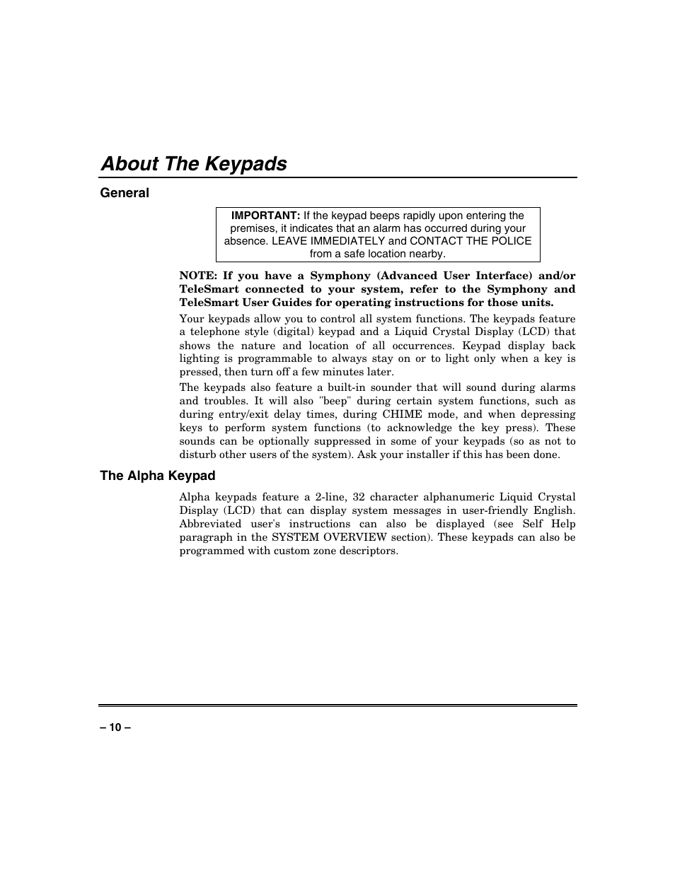 About the keypads | Honeywell VISTA-250BP User Manual | Page 10 / 80