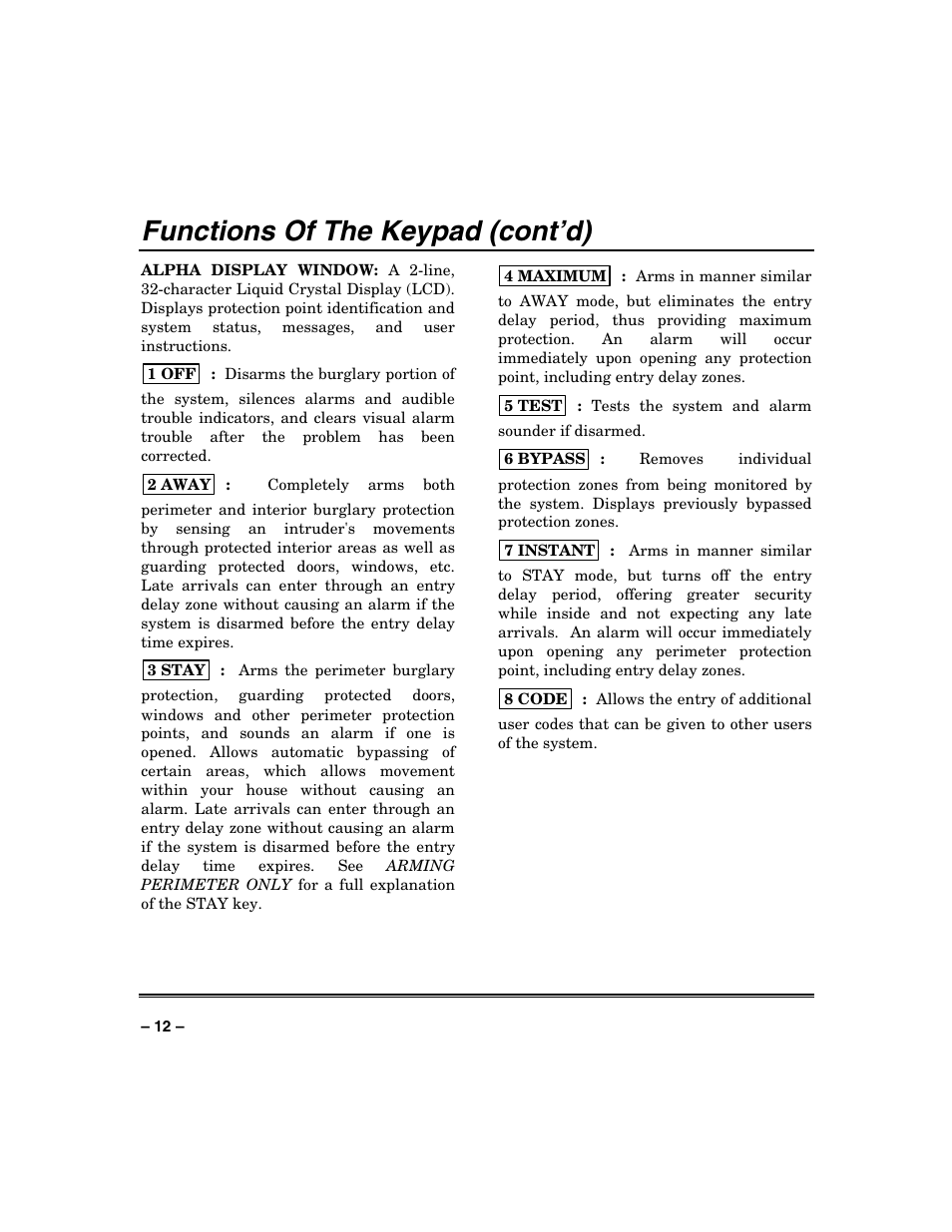 Functions of the keypad (cont’d) | Honeywell VISTA-250BP User Manual | Page 12 / 80