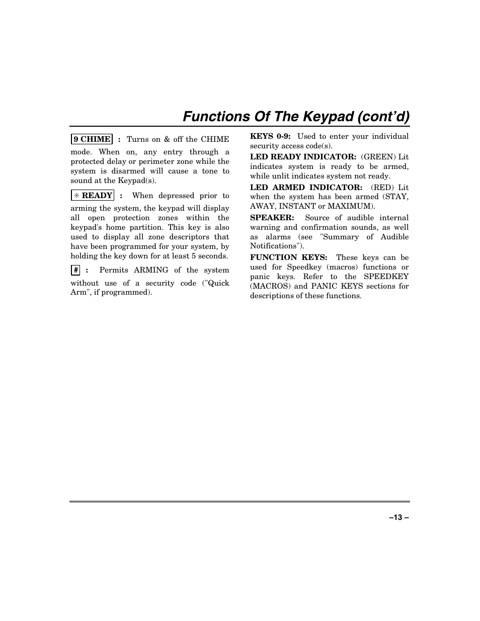 Functions of the keypad (cont’d) | Honeywell VISTA-250BP User Manual | Page 13 / 80