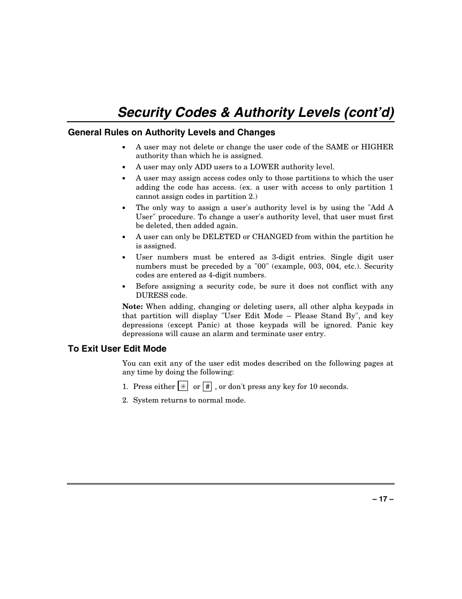 Security codes & authority levels (cont’d) | Honeywell VISTA-250BP User Manual | Page 17 / 80