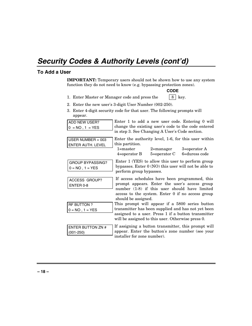 Security codes & authority levels (cont’d) | Honeywell VISTA-250BP User Manual | Page 18 / 80