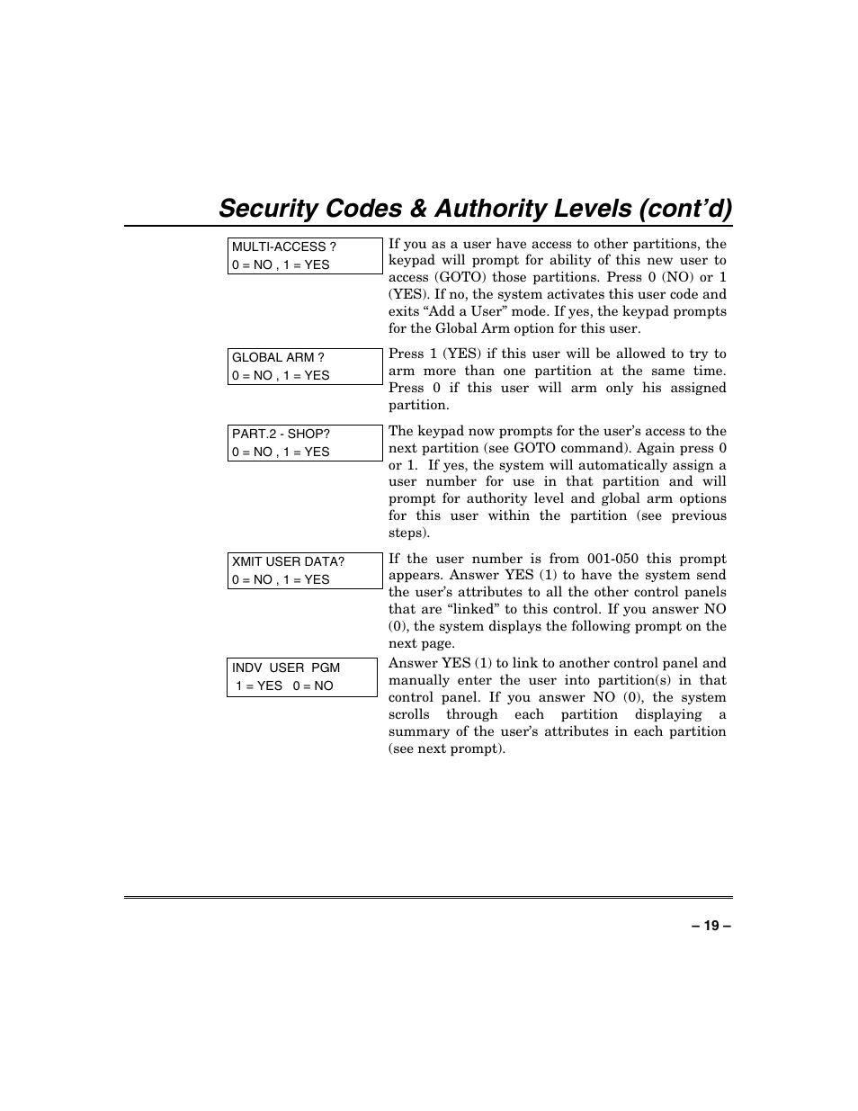 Security codes & authority levels (cont’d) | Honeywell VISTA-250BP User Manual | Page 19 / 80