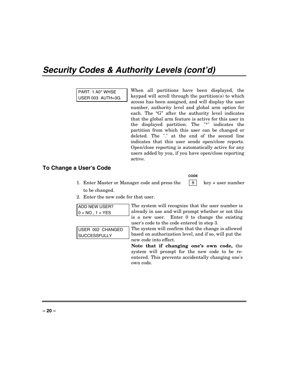 Security codes & authority levels (cont’d) | Honeywell VISTA-250BP User Manual | Page 20 / 80