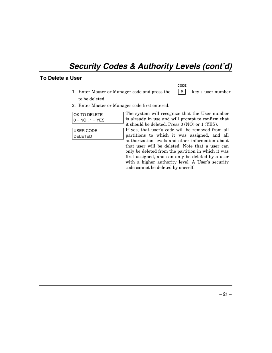 Security codes & authority levels (cont’d) | Honeywell VISTA-250BP User Manual | Page 21 / 80