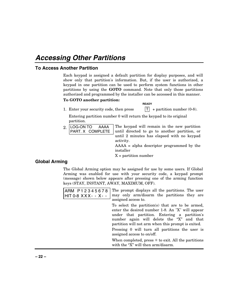 Accessing other partitions | Honeywell VISTA-250BP User Manual | Page 22 / 80