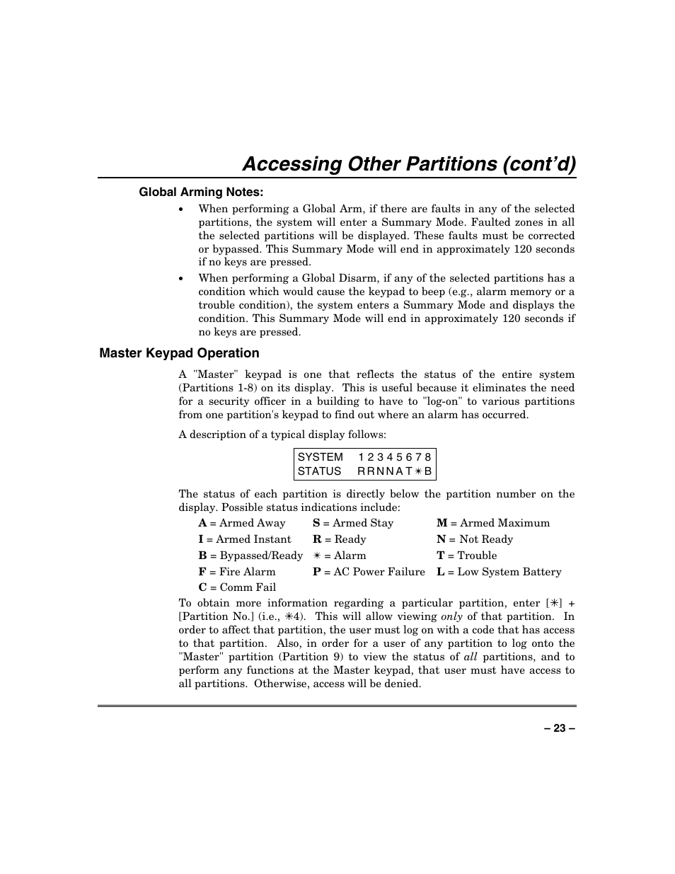 Accessing other partitions (cont’d) | Honeywell VISTA-250BP User Manual | Page 23 / 80