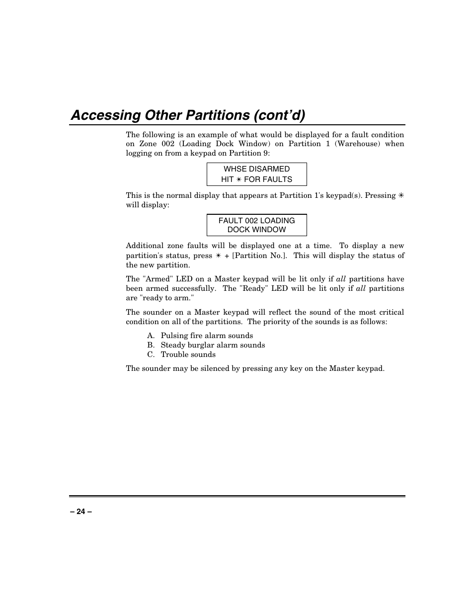 Accessing other partitions (cont’d) | Honeywell VISTA-250BP User Manual | Page 24 / 80