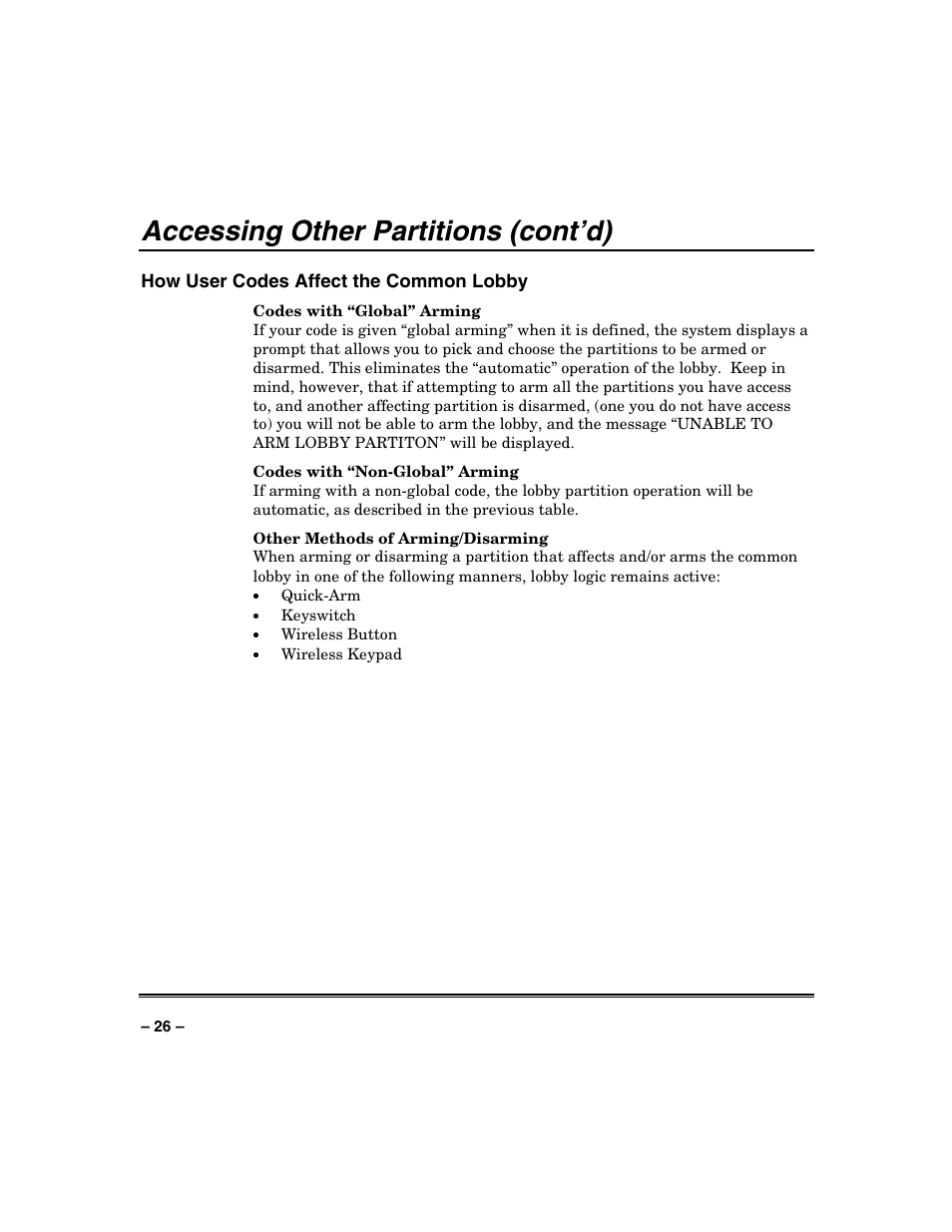 Accessing other partitions (cont’d) | Honeywell VISTA-250BP User Manual | Page 26 / 80