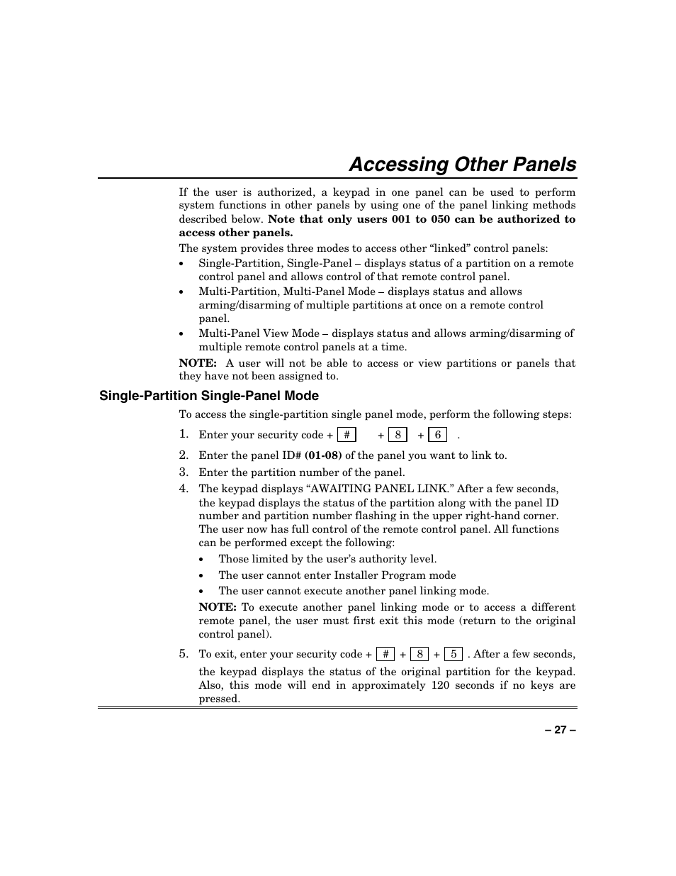 Accessing other panels | Honeywell VISTA-250BP User Manual | Page 27 / 80