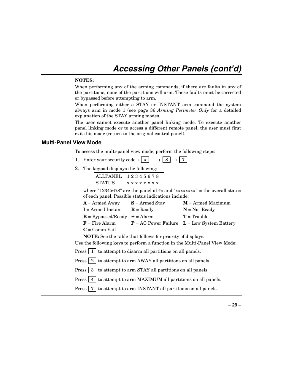 Accessing other panels (cont’d) | Honeywell VISTA-250BP User Manual | Page 29 / 80