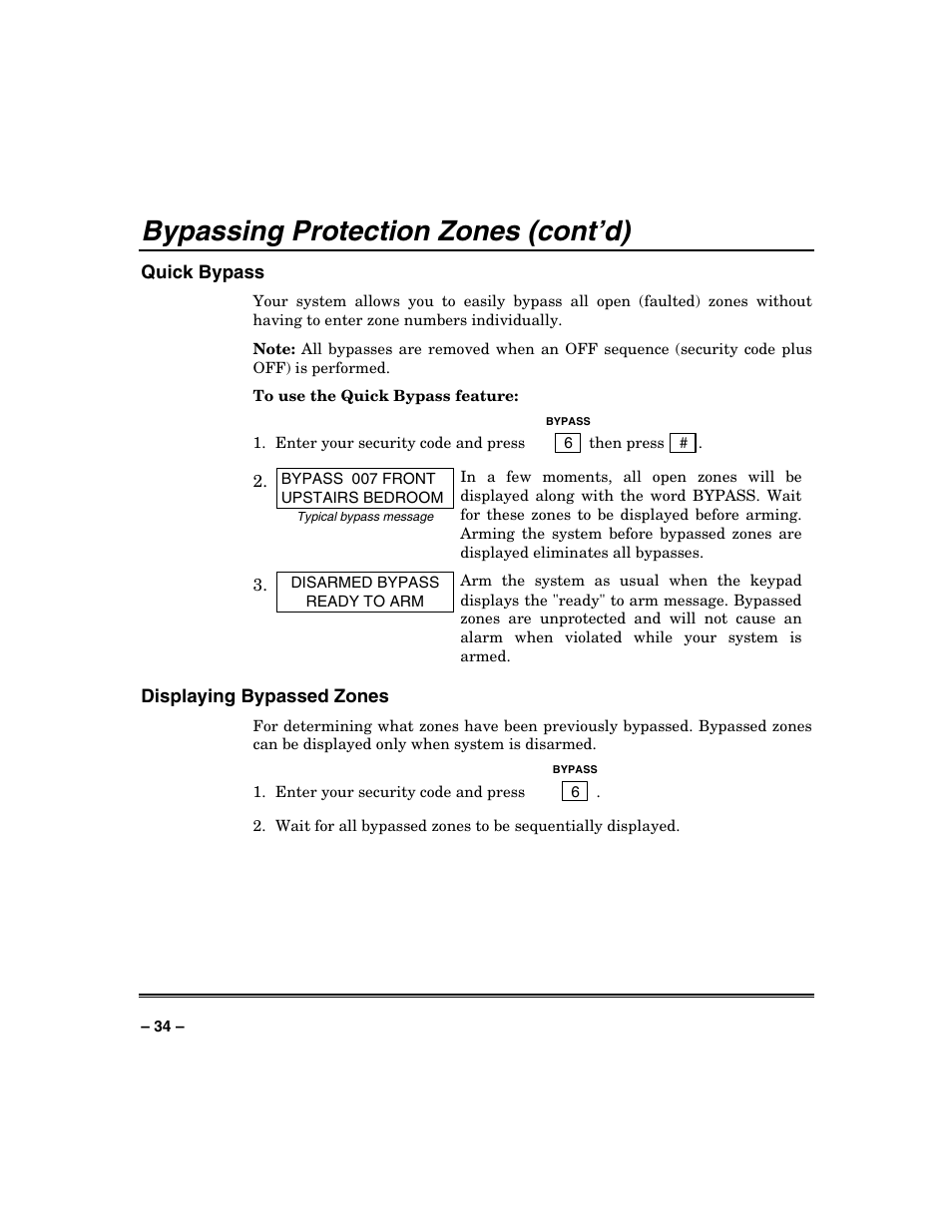 Bypassing protection zones (cont’d), Quick bypass, Displaying bypassed zones | Honeywell VISTA-250BP User Manual | Page 34 / 80